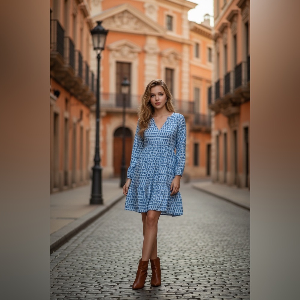 Vineyard Vines Light Blue Patterned Long Sleeve Dress - Picture 3 of 9
